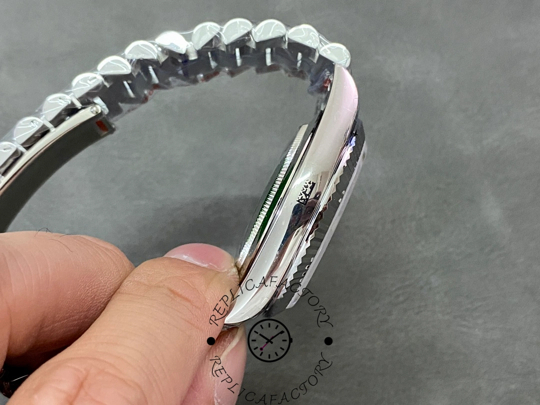 Side profile of Rolex Day-Date 228239 showing case thickness and polished case flank.