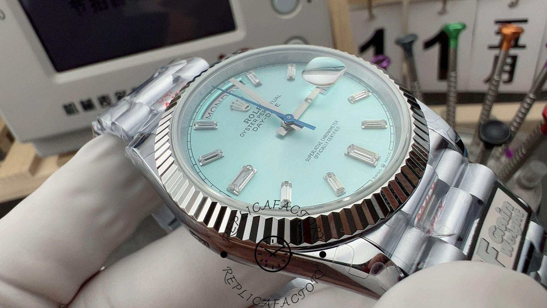 Rolex Day Date 40mm Platinum 228236 0006 Ice Blue Baguette