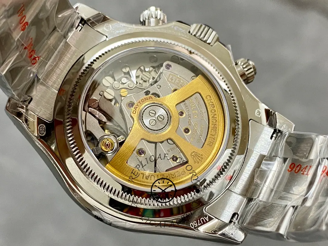 Movement close-up of the Rolex Daytona 126529LN 40MM showing rotor and gears through back.