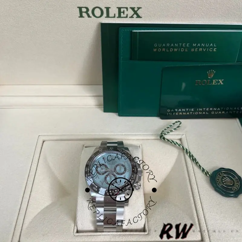 Packaging view of Rolex Daytona Arabic 116506 with green Rolex box and accessories.