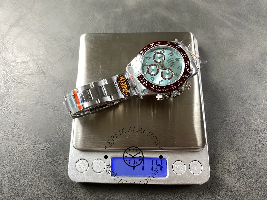 Weighing image of Rolex Daytona Arabic 116506 on digital scale showing total weight.