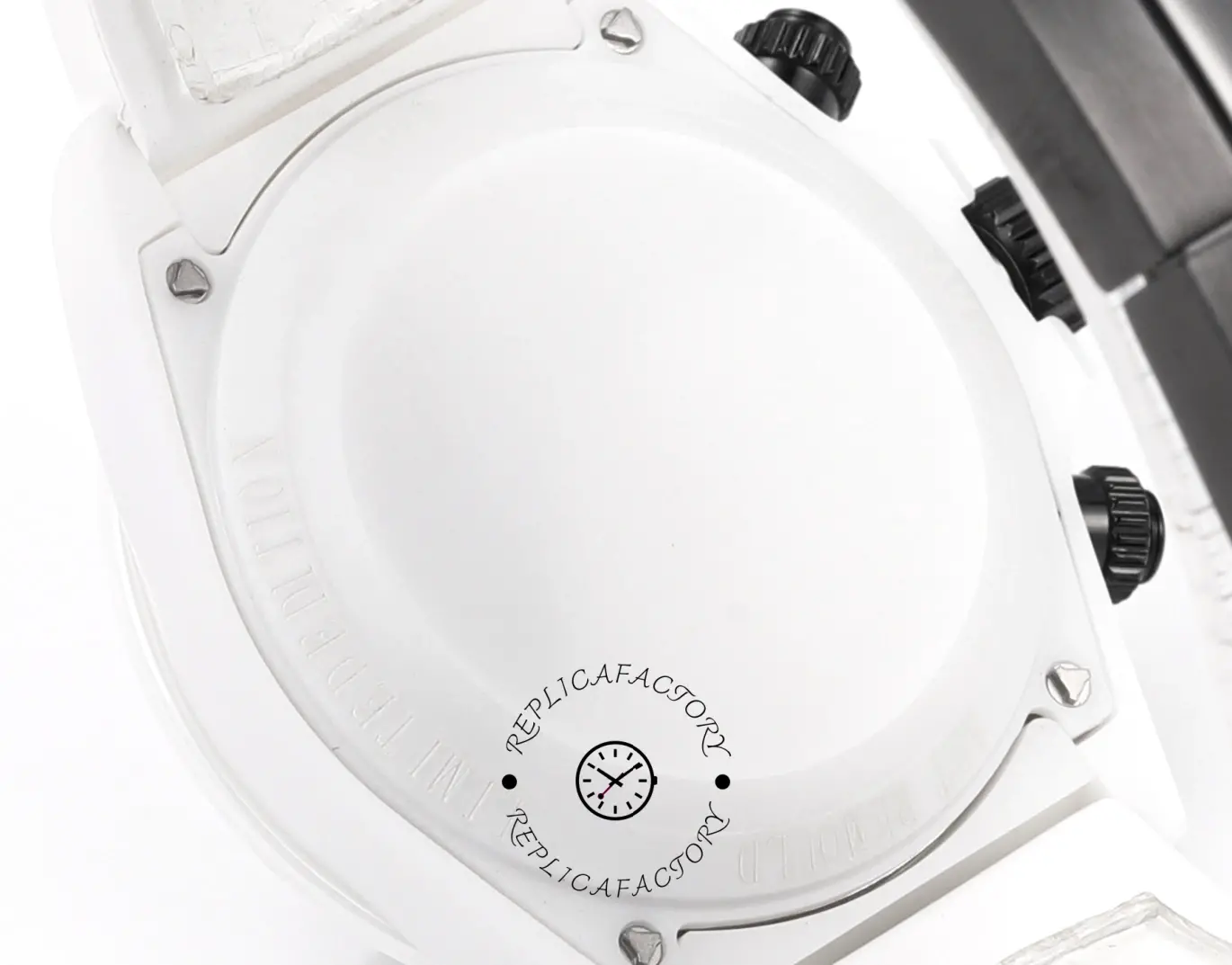 AET Rolex Daytona Charles the Great, case back view, smooth back and strap attachment.