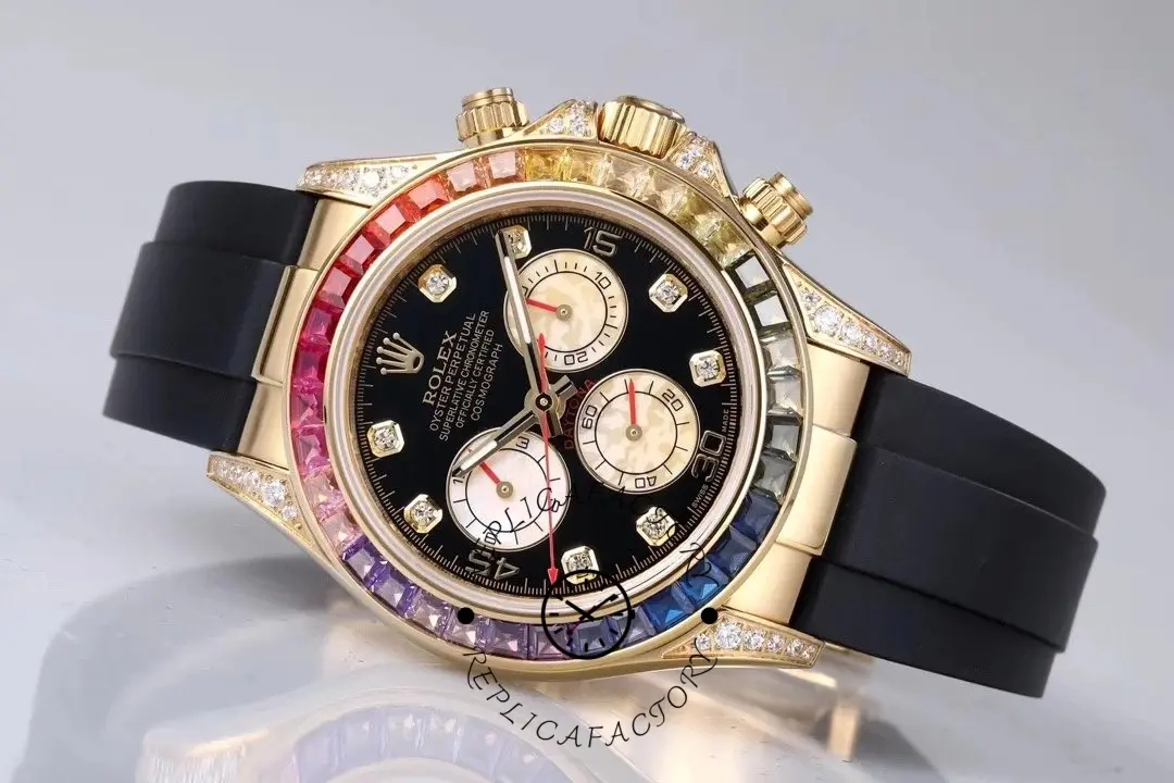 Front angled shot of Rolex Daytona 116598RBOW showing rainbow bezel sparkle on black dial.