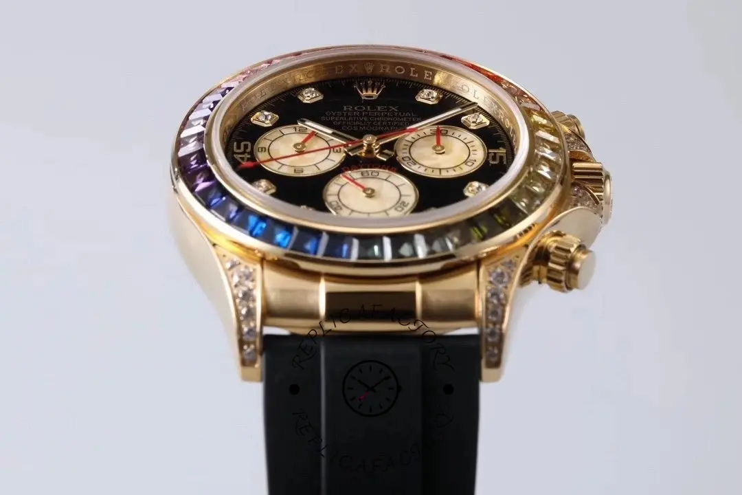 Studio close-up of Rolex Daytona 116598RBOW showing black dial and rainbow bezel details.
