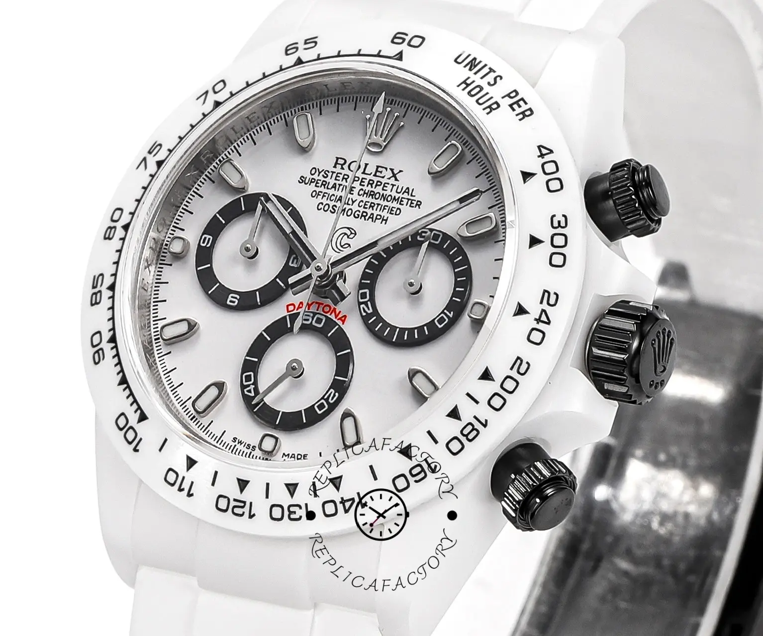 AET Rolex Daytona Charles the Great, dial close-up, white dial with black subdials.