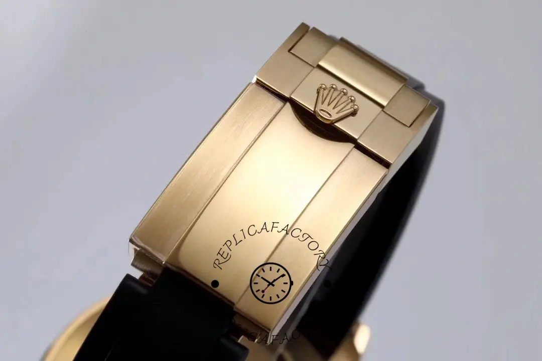 Clasp close-up of Rolex Daytona 116598RBOW showing gold clasp finish and adjustment area.