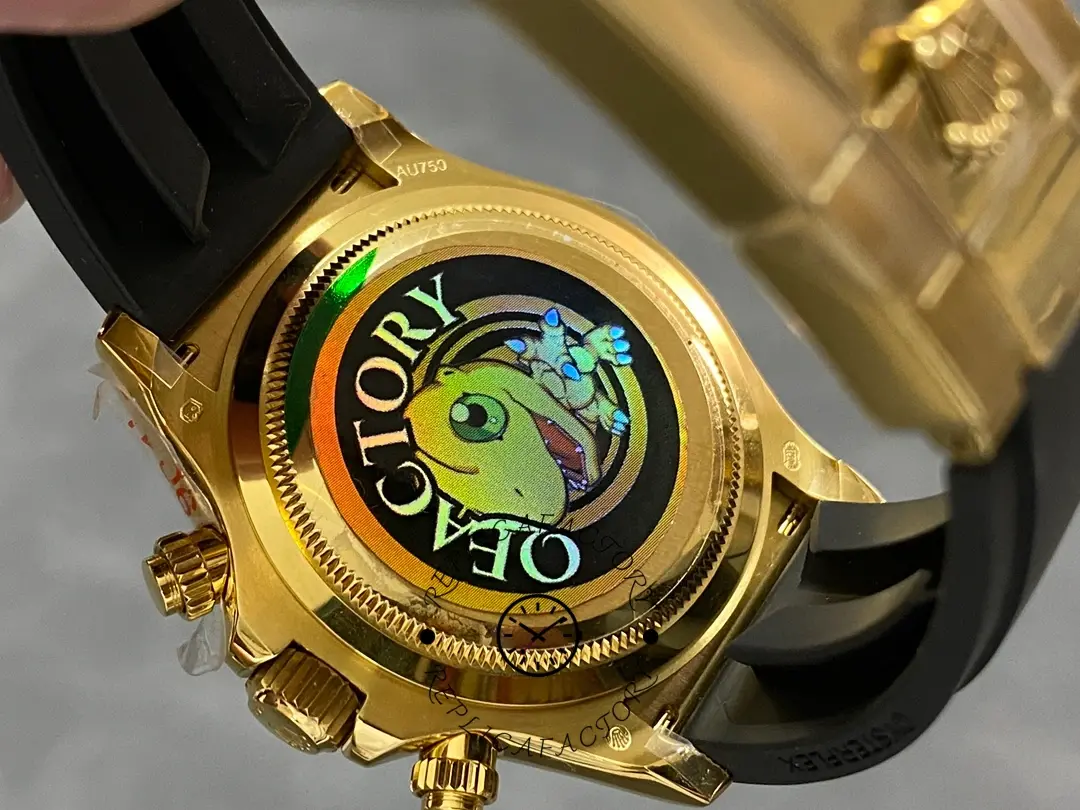 Rolex Daytona 126518LN case back close-up, engraved back and gold finish detail.