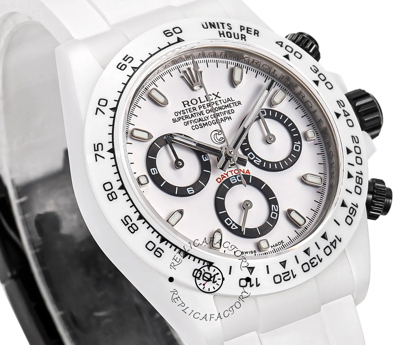 AET Rolex Daytona Charles the Great, angled close-up, bezel and chronograph pushers detail.