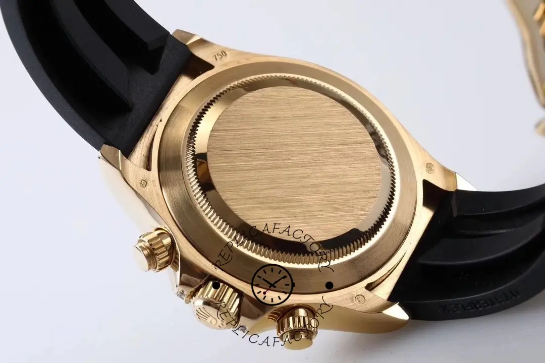 Rear view of Rolex Daytona 116598RBOW showing solid case back and gold case finish.