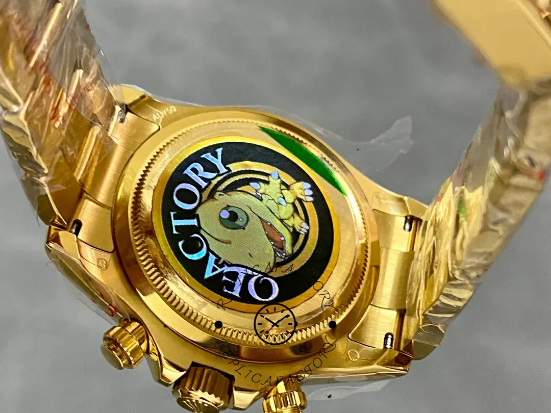 Caseback view of Rolex Cosmograph Daytona 126508 0005 with green protective sticker.