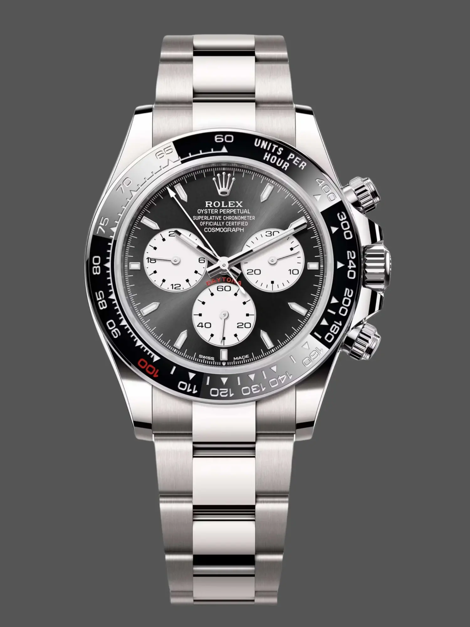 Full front view of the Rolex Daytona 126529LN 40MM, black dial with white subdials on steel bracelet. - Front view