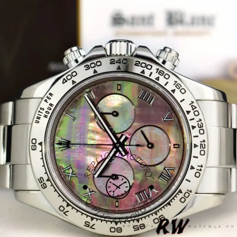 Rolex Daytona 116509 dial close-up, mother of pearl shine with chronograph subdials.
