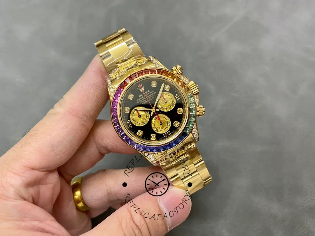 Full watch in-hand view of the Rolex Daytona 116598 40MM showing dial and bracelet together.