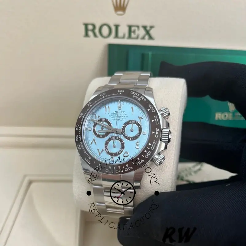 Full set view of Rolex Daytona Arabic 116506 with Rolex box, ice blue dial on display.