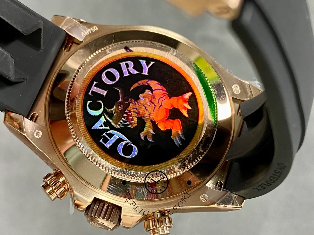 Case back sticker detail on the Rolex Daytona Everose Rubber 116515 Chocolate, back cover in focus.