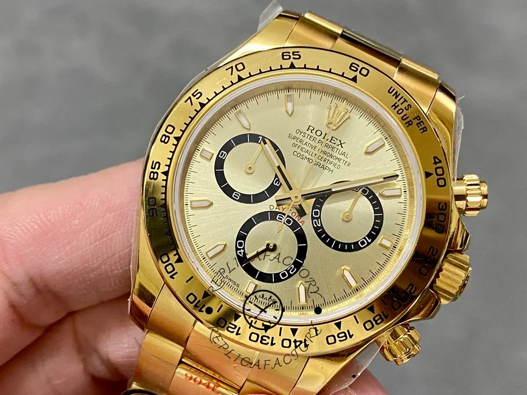Angled hand-held view of Rolex Cosmograph Daytona 126508 0005 showing champagne dial.