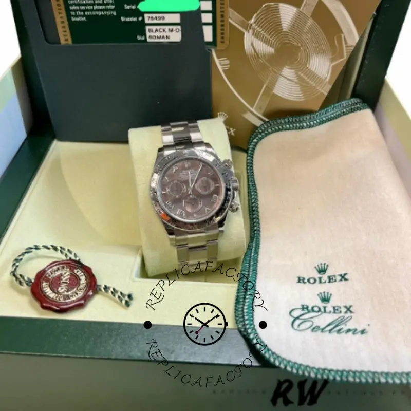 Rolex Daytona 116509 full set view, watch on stand with Rolex box and accessories.