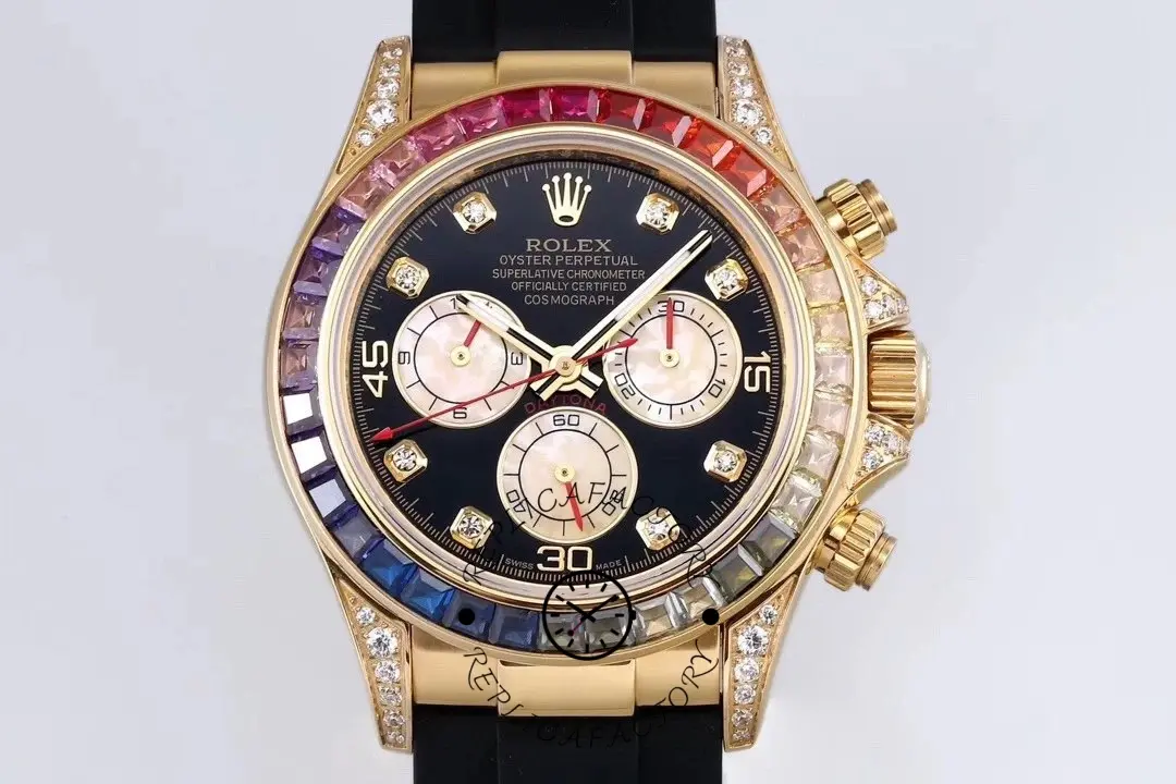 Studio front view of Rolex Daytona 116598RBOW, black dial, rainbow bezel, gold case.