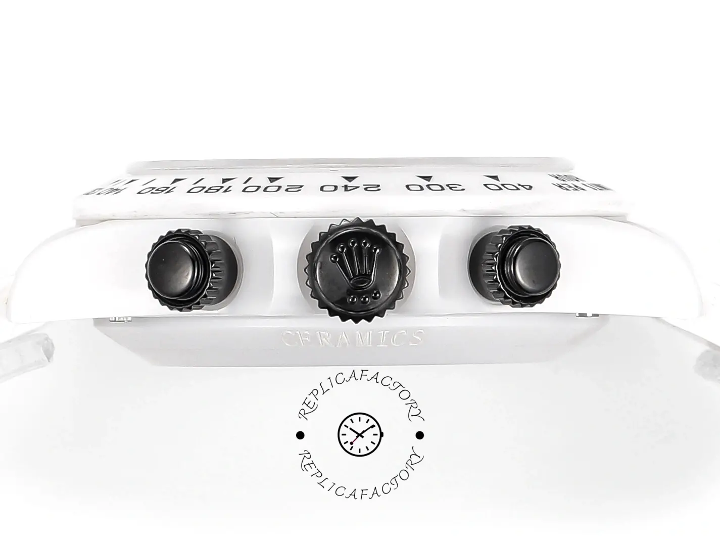 AET Rolex Daytona Charles the Great, side view, crown and pushers profile shown.