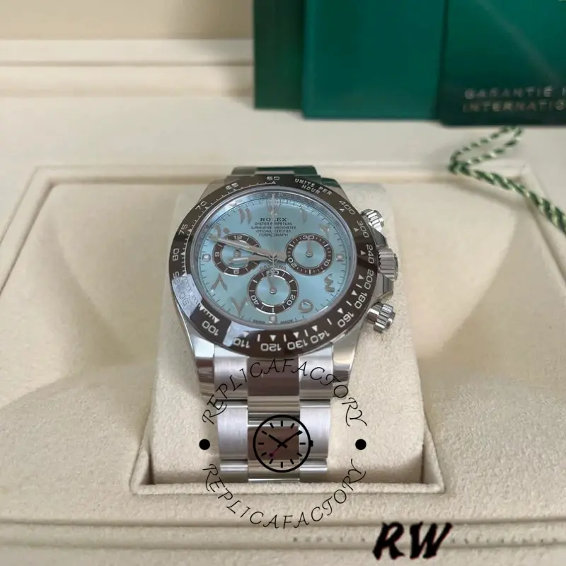 Box display view of Rolex Daytona Arabic 116506 inside case, ice blue dial visible.