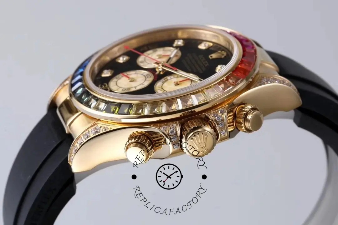 Side view of Rolex Daytona 116598RBOW showing crown and chronograph pushers.