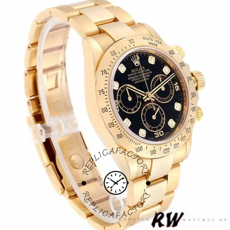 Angled view of Rolex Daytona 116528 showing black dial and yellow gold bracelet links.