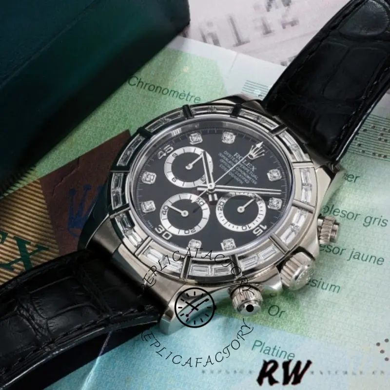 Angled view of Rolex Cosmograph Daytona 116589 on cushion, black diamond dial and leather strap.