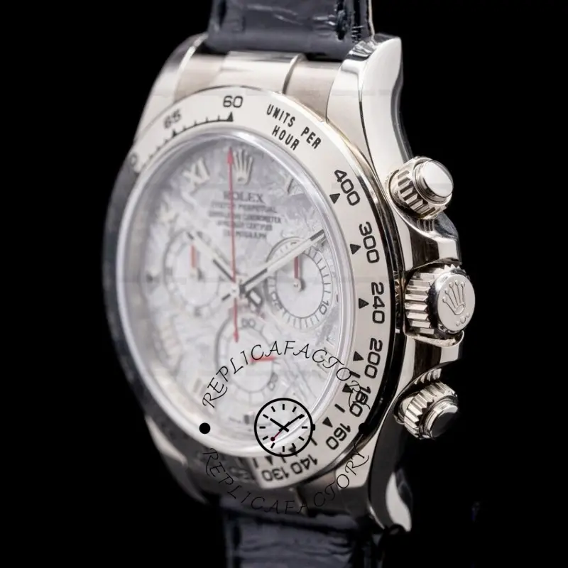 Side profile of Rolex Daytona 116519 showing crown, chronograph pushers, and case thickness.