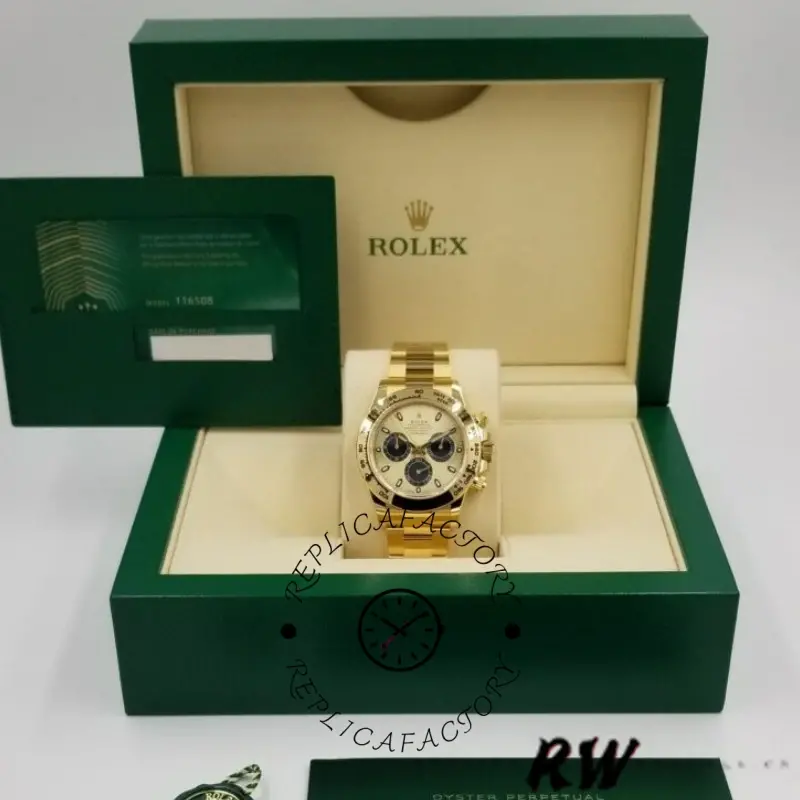 Full set display of Rolex Daytona 116508 with Rolex box, watch on cushion.