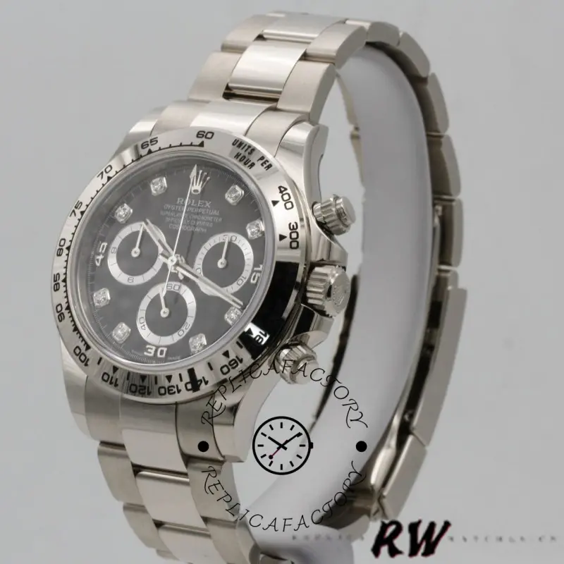 Rolex Daytona 116509 on stand, side profile view showing case thickness and bracelet curve.