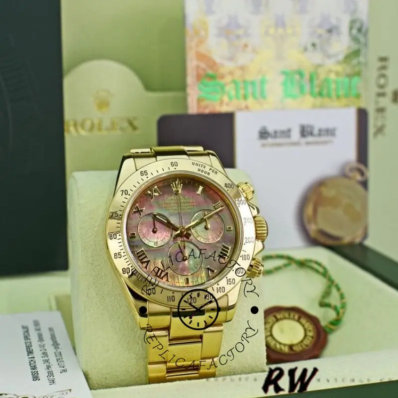 Full watch view of Rolex Cosmograph Daytona 116528 on stand, black MOP Roman dial visible.