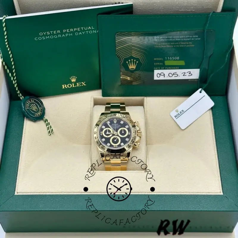 Rolex Daytona 116508 Yellow Gold Black Diamond Dial 40MM Mens Replica Watch