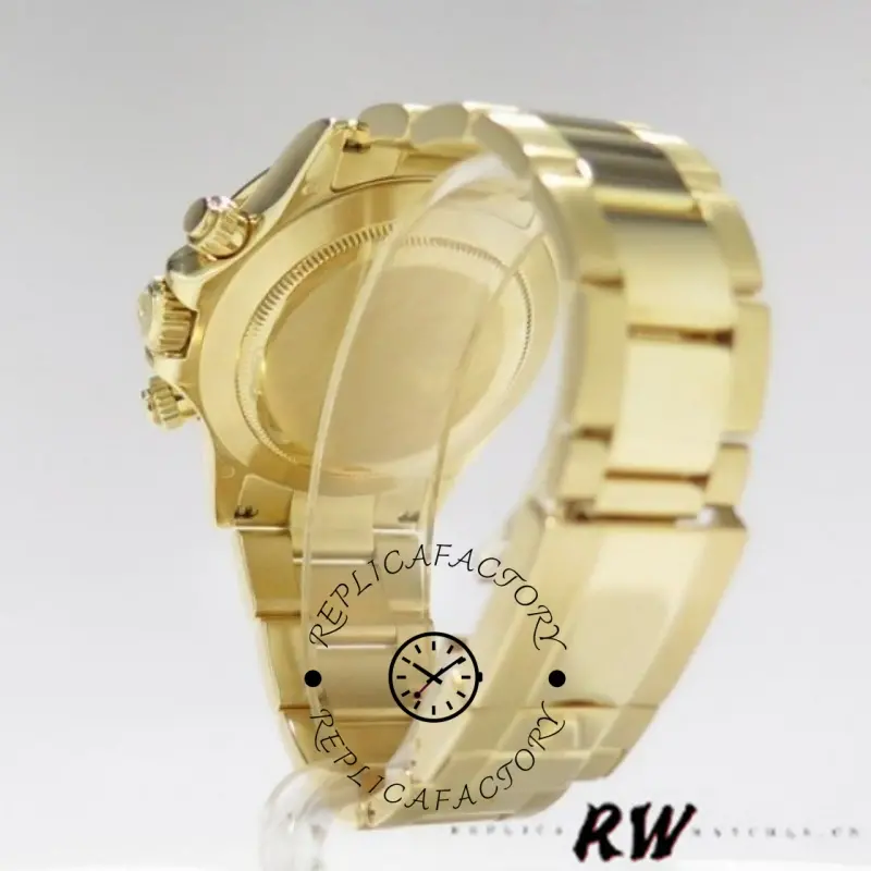 Bracelet side view of Rolex Cosmograph Daytona 116528 showing yellow gold links and clasp area.