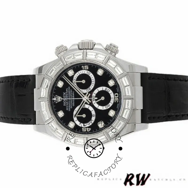 Product view of Rolex Cosmograph Daytona 116589 showing black diamond dial and leather strap.