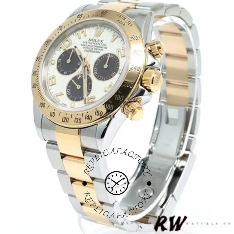 RW render view of the Rolex Daytona 116523 40mm showing two-tone bracelet and panda dial.