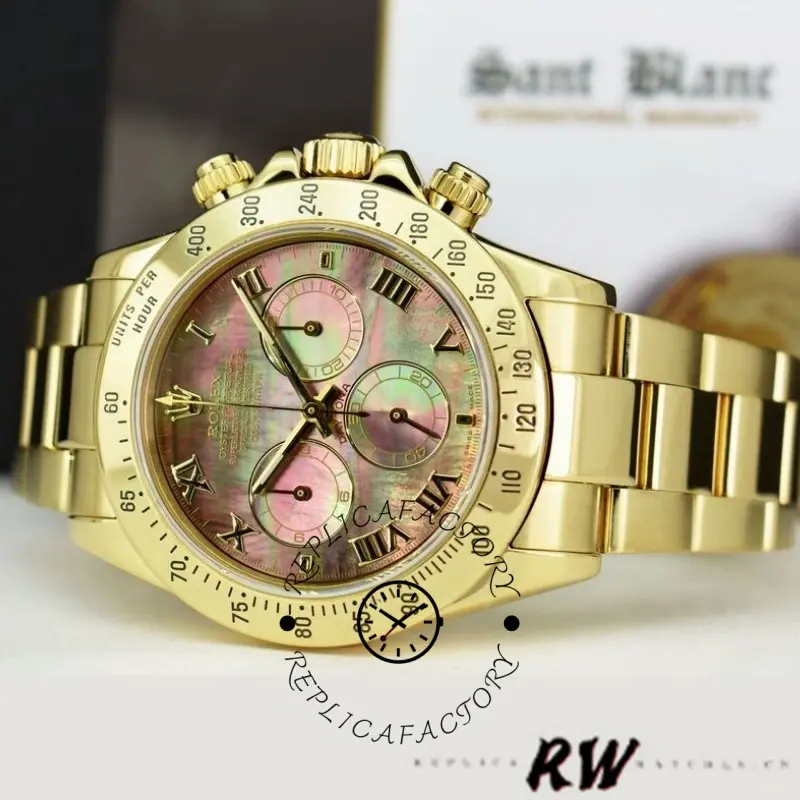 Angled display of Rolex Cosmograph Daytona 116528 showing gold bezel and black MOP dial.