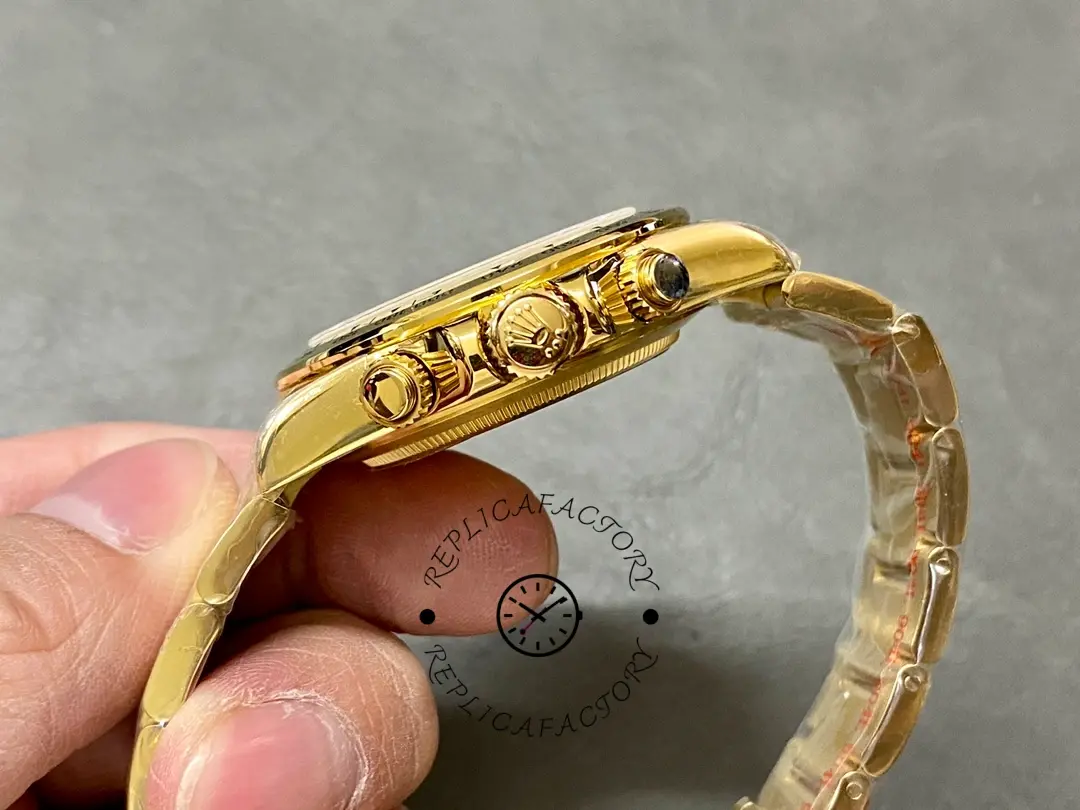 Rolex Daytona 116508 side profile, gold crown and bezel edge shown.