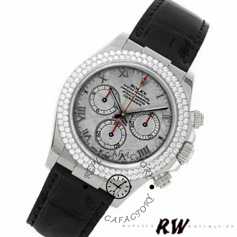 Rolex Daytona 116589 angled front view, meteorite dial texture and diamond-set bezel.