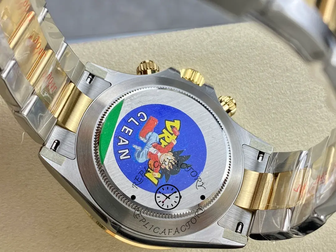 Case back sticker view of the Rolex Daytona 116523 40mm, colorful seal visible on back.