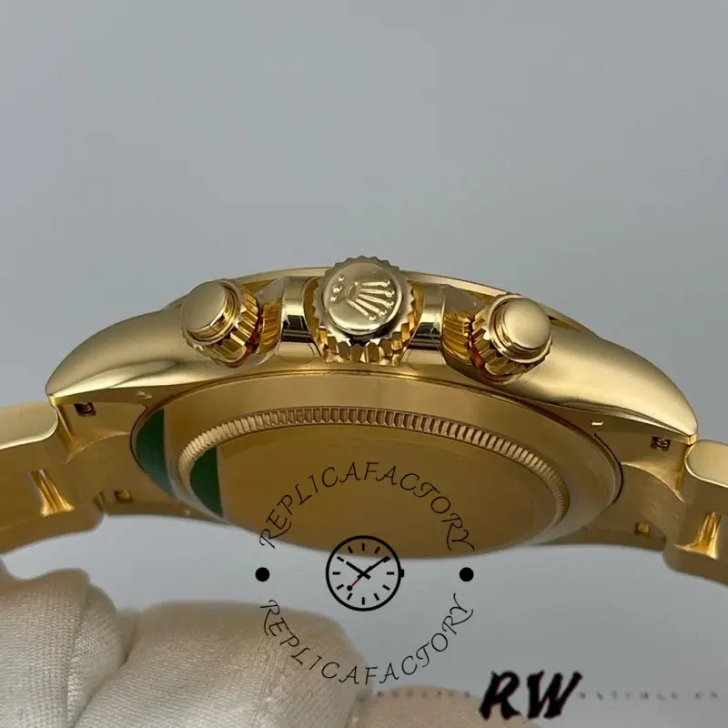 Case back view of Rolex Daytona 116508 showing smooth yellow gold back and gold crown.