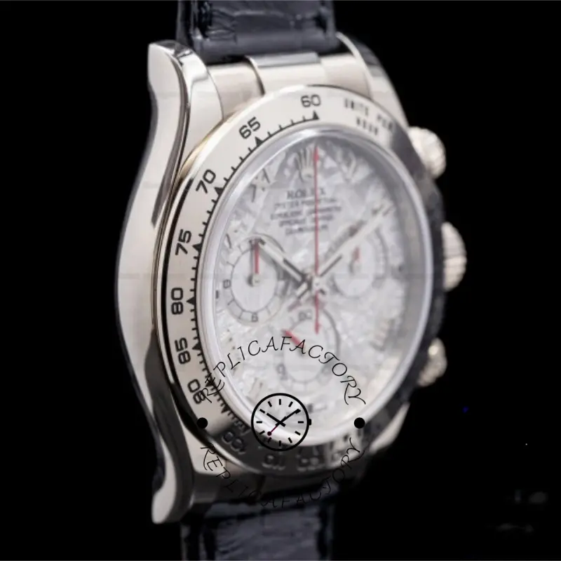 Angled side view of Rolex Daytona 116519 showing meteorite dial and polished case.