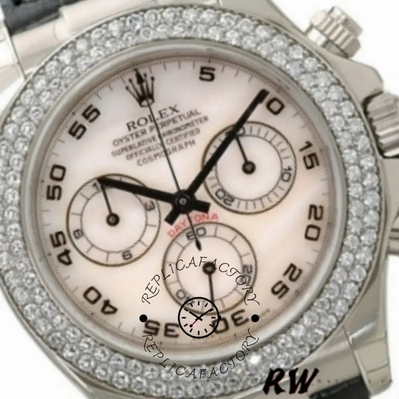 Dial close-up of Rolex Daytona 116589 showing Arabic numerals, subdials, and diamond bezel.