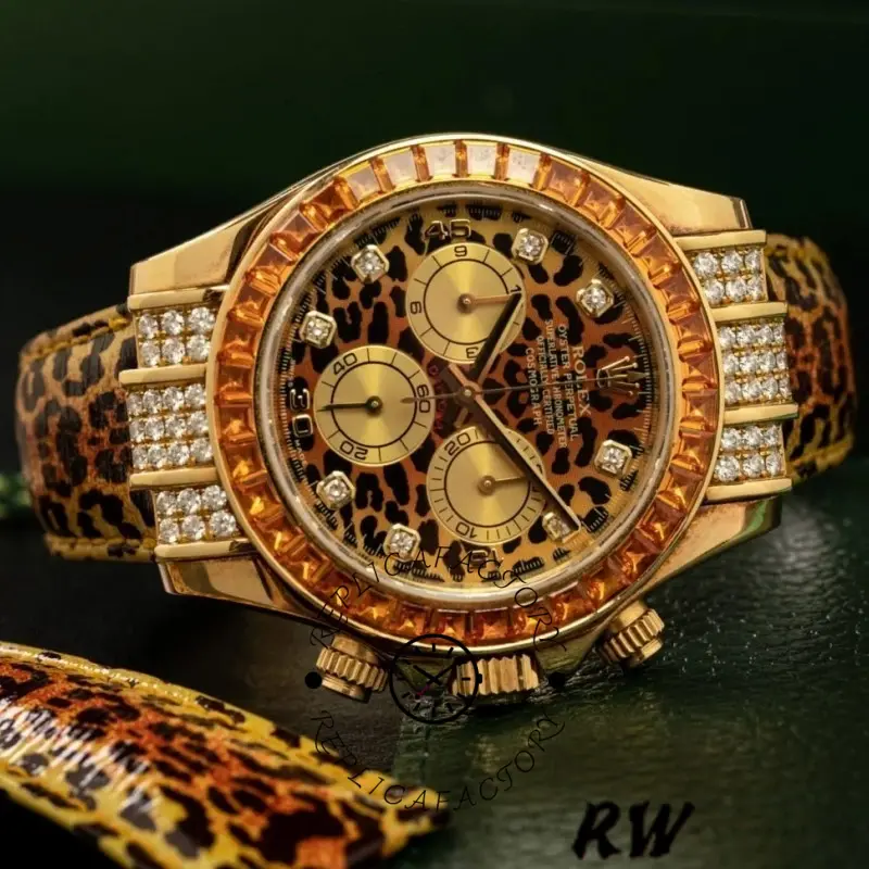 Angled display of Rolex Daytona 116598 showing leopard dial and full gem-set bracelet.