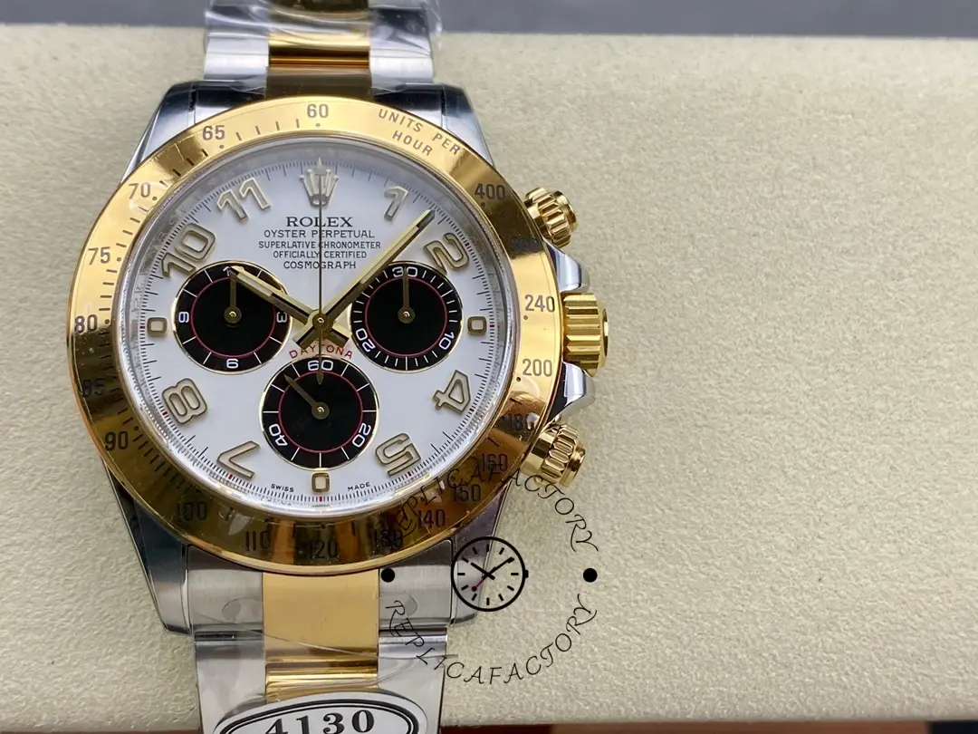 Front view of the Rolex Daytona 116523 40mm on cushion, white Arabic panda dial centered.