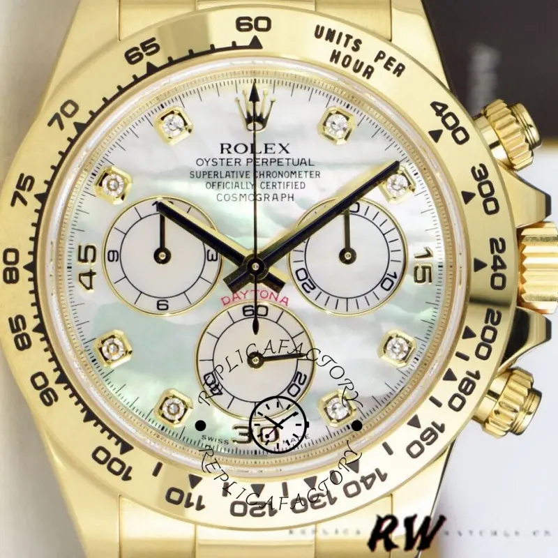 Rolex Daytona 116528 dial close-up, MOP shimmer and diamond hour markers, gold bezel.