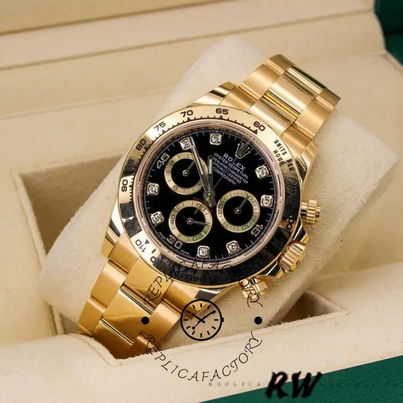 Rolex Daytona 116508 Yellow Gold Black Diamond Dial 40MM Mens Replica Watch