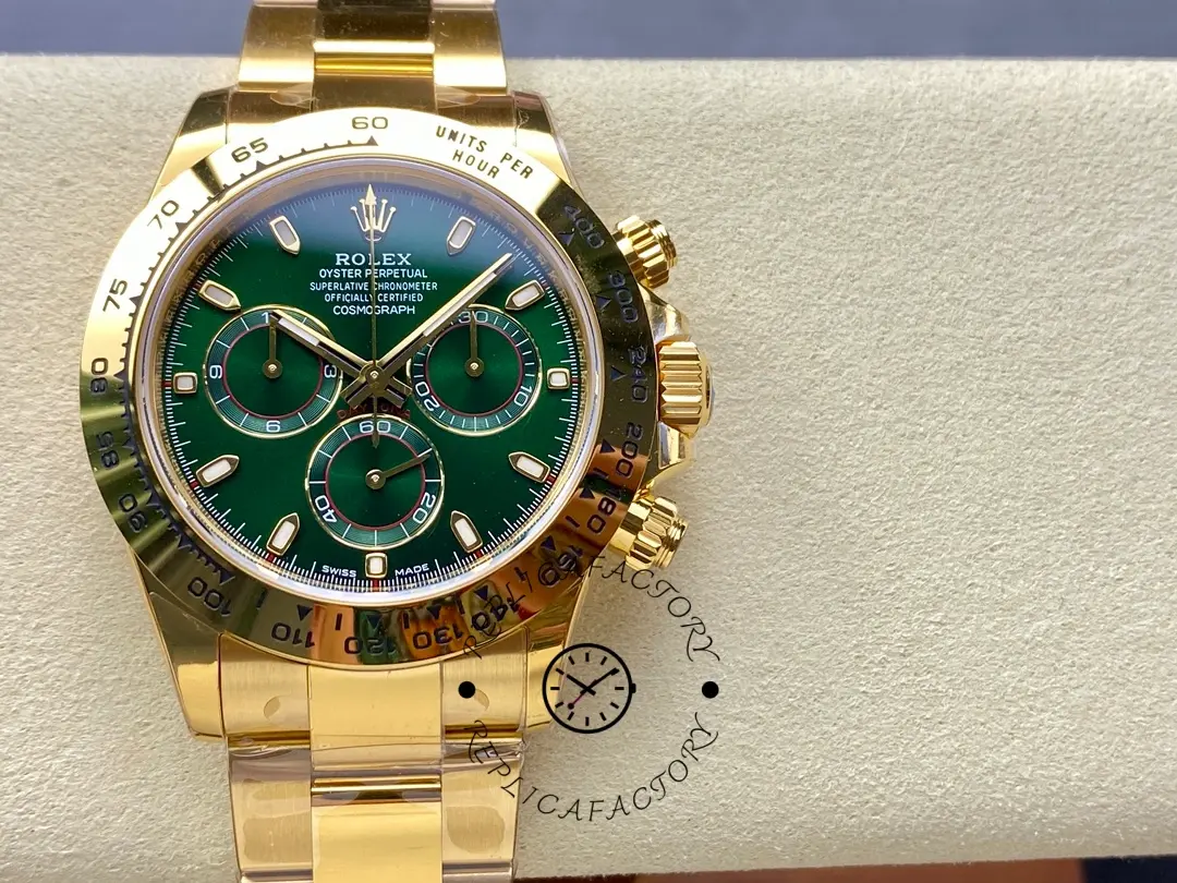Cushion display of Rolex Daytona 116508 showing full watch front with green dial.