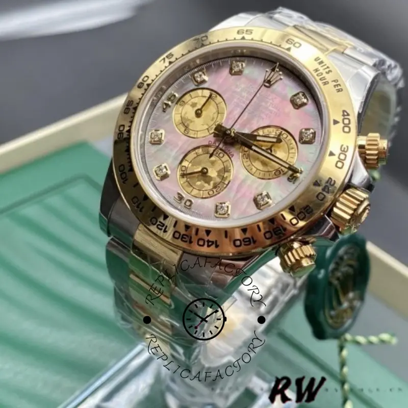 Dial close-up of Rolex Daytona 116503 highlighting black mother-of-pearl texture and subdials.