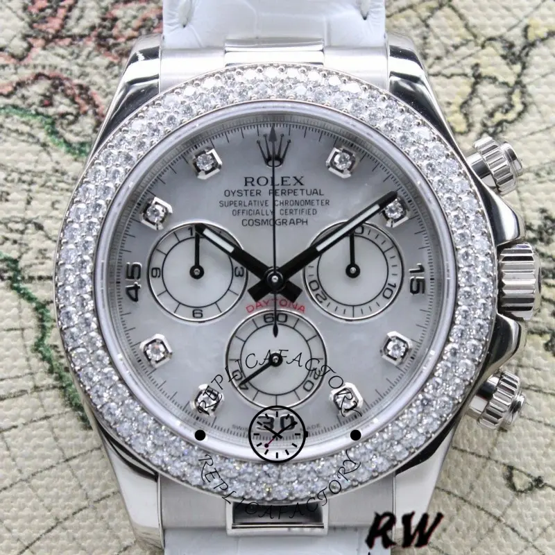 Dial close-up of Rolex Daytona 116589 showing white MOP texture and diamond-set bezel.
