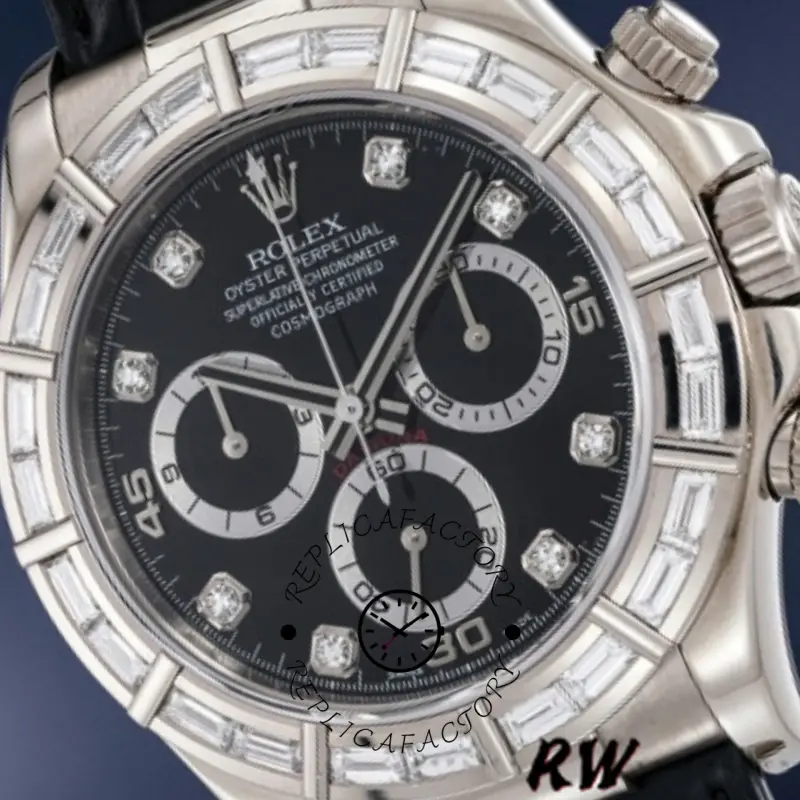 Dial close-up of Rolex Cosmograph Daytona 116589 highlighting black dial, subdials, and diamond bezel.